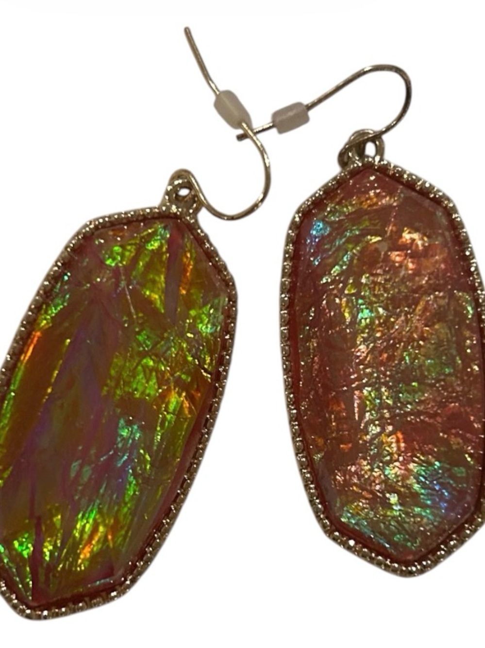Iridescent Pink Dangle Earrings with Multicolor Flash
